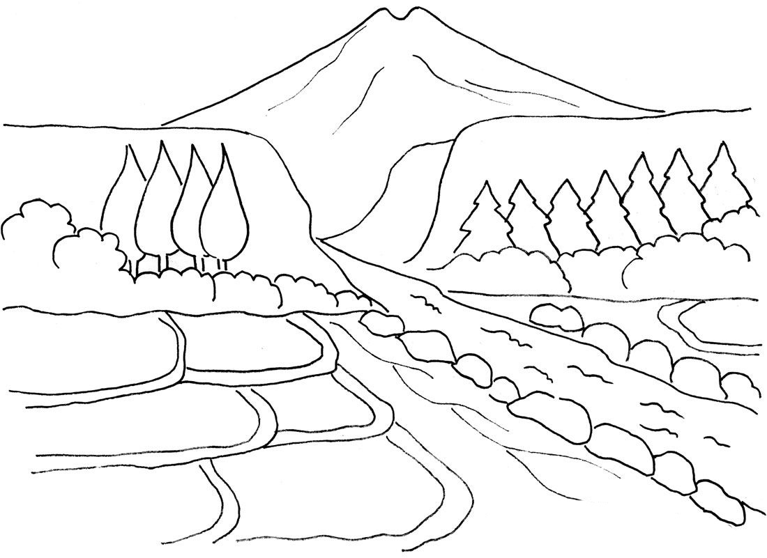 Gambar Mewarnai Pemandangan Alam Pegunungan Sketch Coloring Page